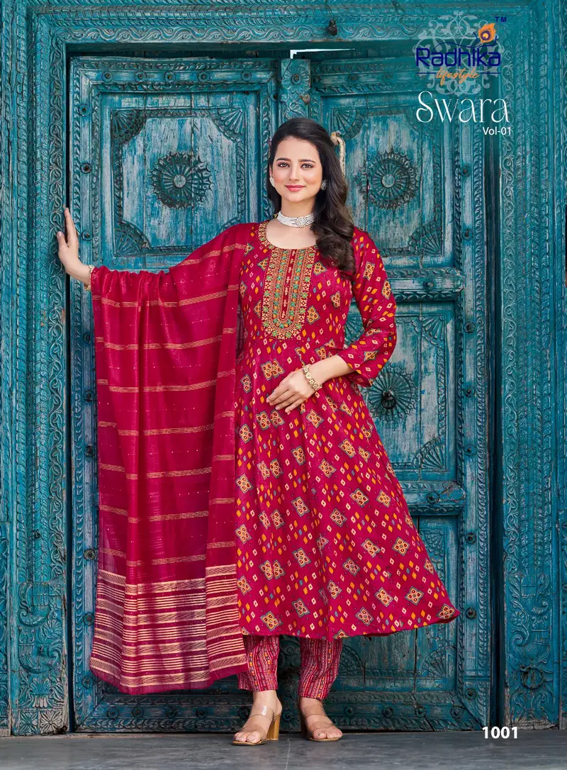 Swara Vol 1 By Radhika Rayon Anarkali Kurti With Bottom Dupatta Wholesale Online